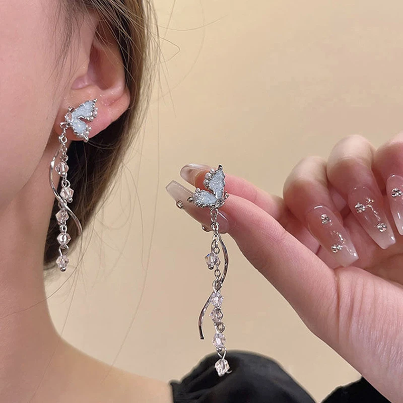 【艺凡】浅蓝色蝴蝶流苏优雅耳钉女轻奢高级感小众设计耳坠长款气质