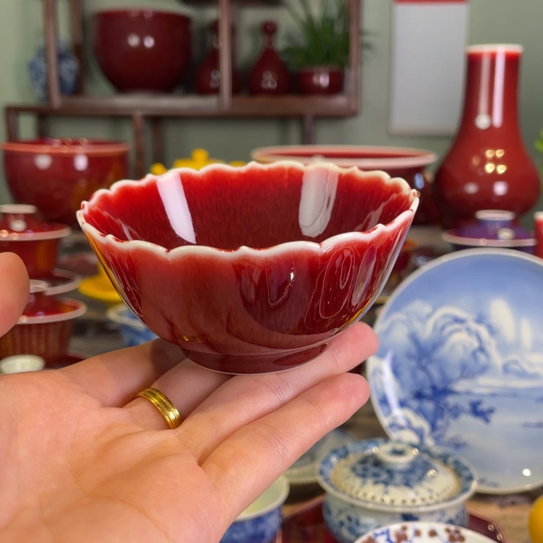 清欢雅玩，原矿郎红福利花口茶碗杯