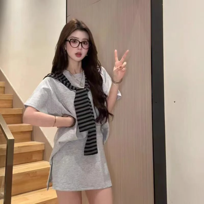 披肩三件套时尚韩系T恤休闲宽松上衣夏季半身裙新款两件套短裙潮