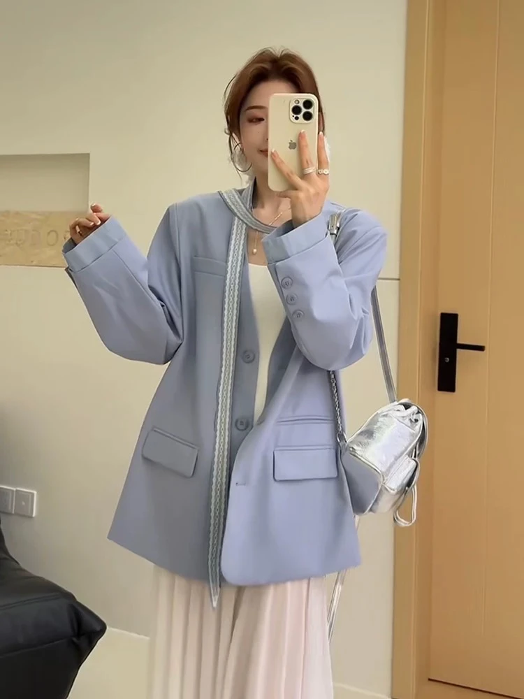 梦小小女装2025新款韩版设计感气质休闲通勤V领西装外套女配围脖