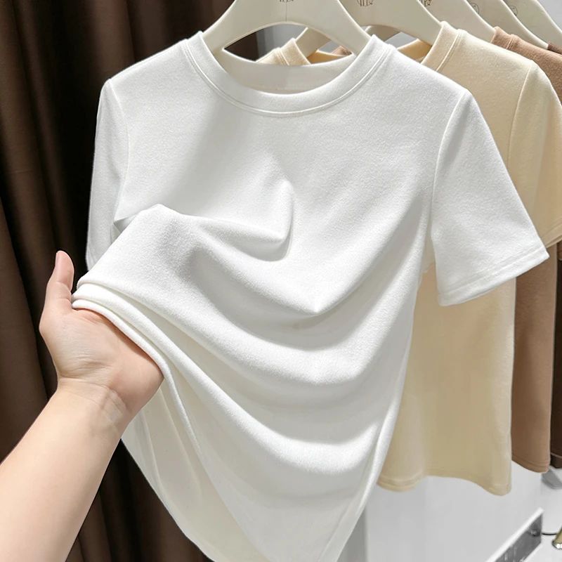 简约圆领休闲内搭上衣女款磨毛短袖T恤秋冬德绒软糯百搭打底衫爆