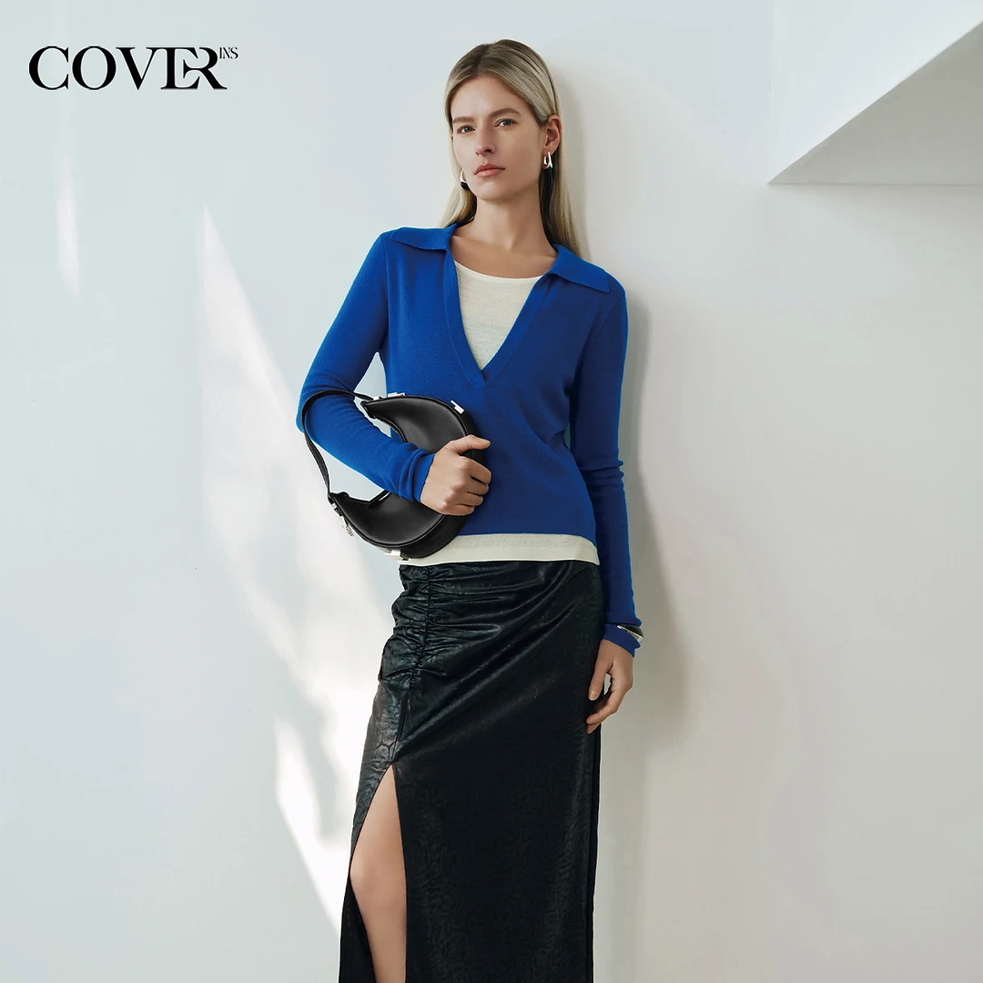 [新派简约]COVERINS2025春季修身假两件V领针织绵羊毛衫