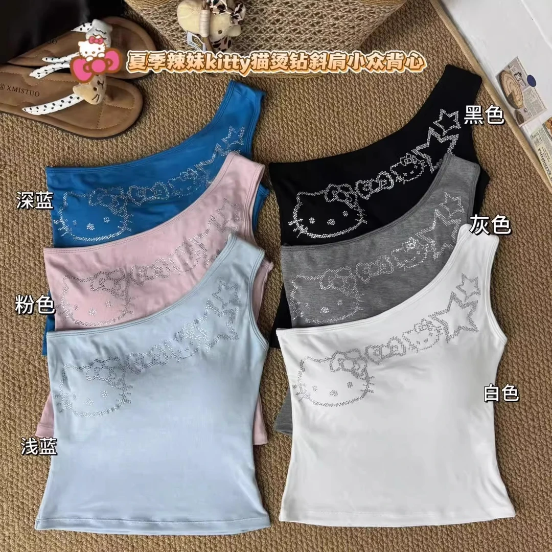 美式辣妹斜肩烫钻背心女夏季外穿内搭设计感小众修身显瘦吊带上衣