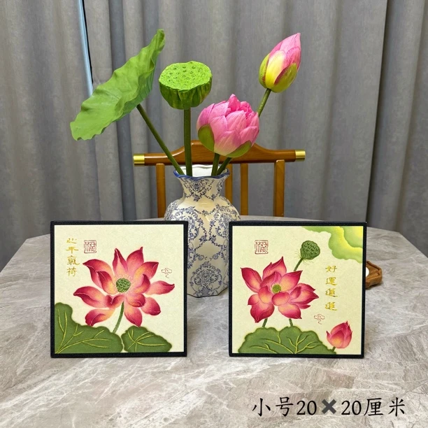 新中式摆台闪光画桌面装饰画茶室茶桌摆件国风摆画荷花图案