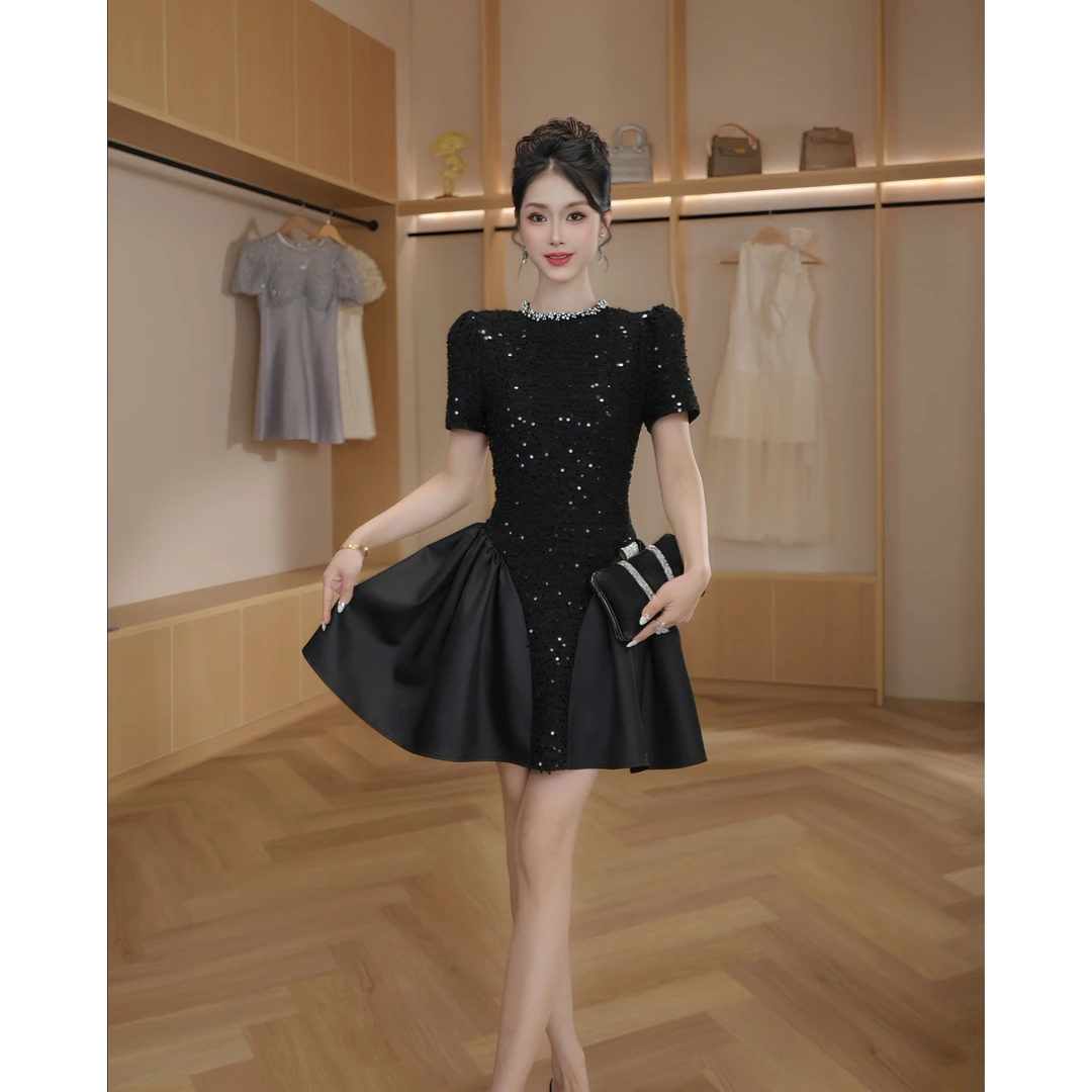 【设计师定制】新款设计师名媛亮片宴会气质长袖连衣裙21695