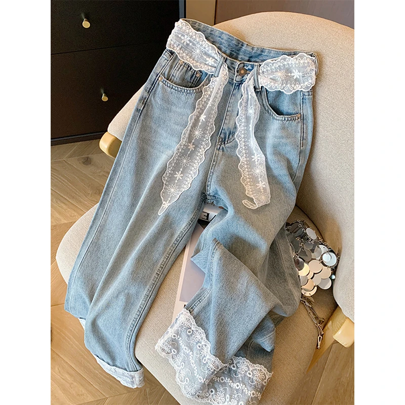 大码美式复古蕾丝绑带牛仔裤女2025春季新款高腰直筒设计感拼接裤