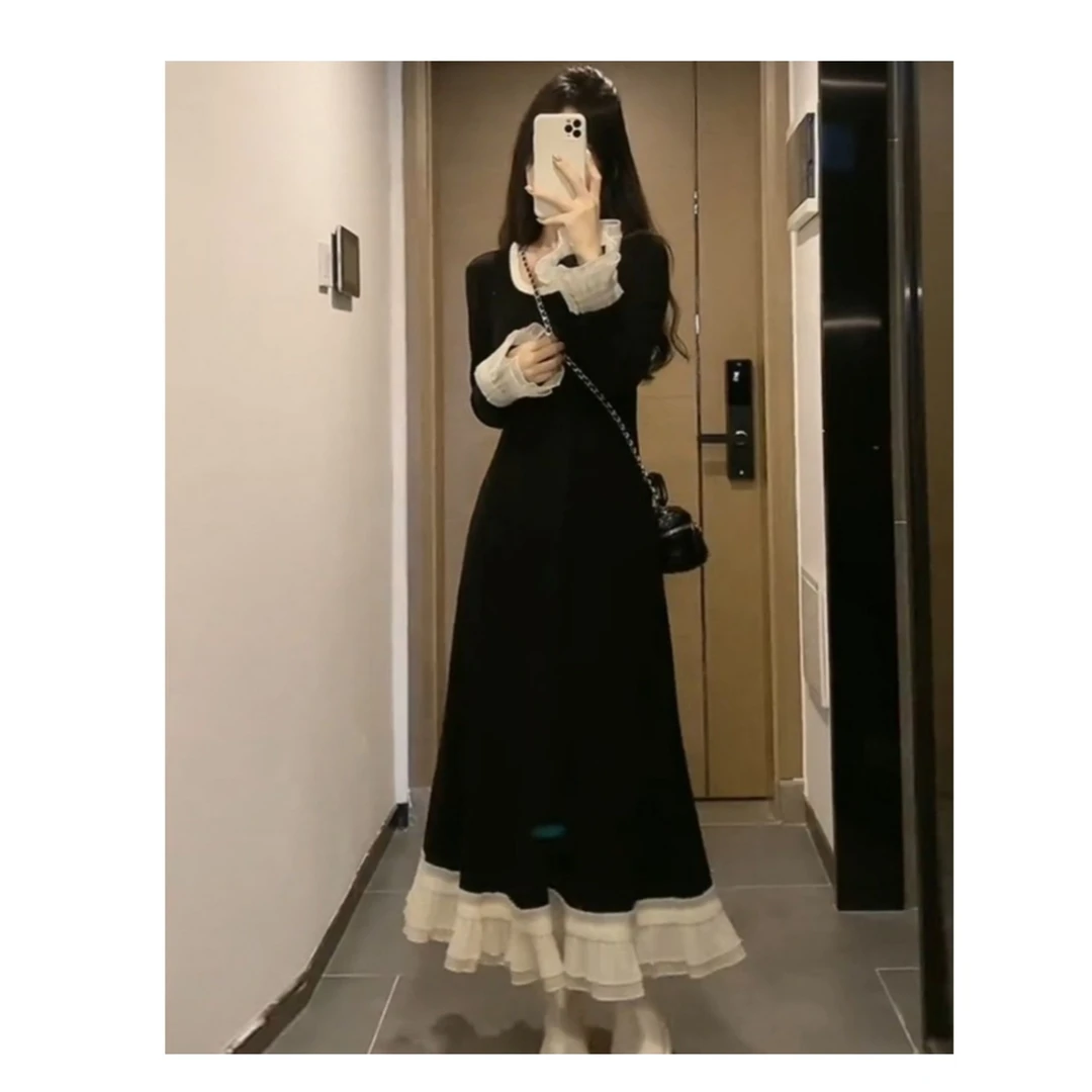 大码法式赫本风连衣裙冬季胖mm显瘦收腰打底内搭气质优雅茶歇裙子