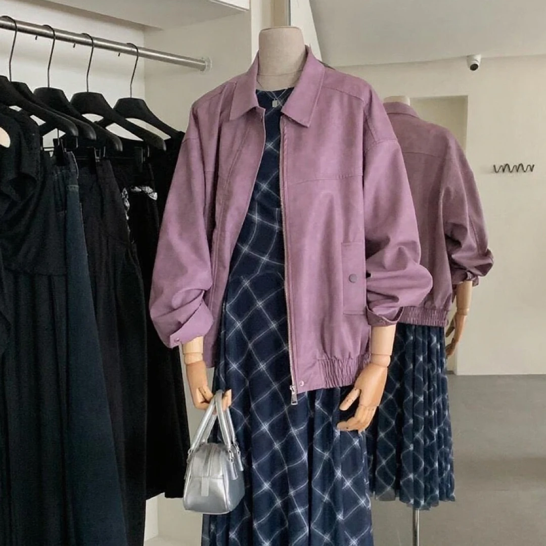 圆领短款秋季口袋宽松型常规皮衣春季上衣春秋港味