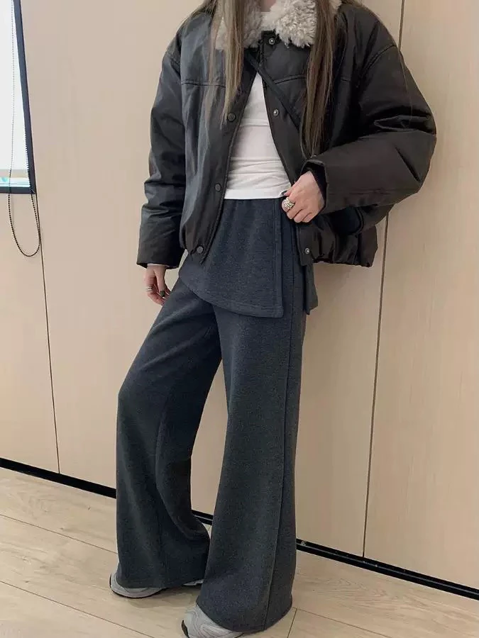 18065 设计师款假两件屁帘休闲裤直筒裤女装春季