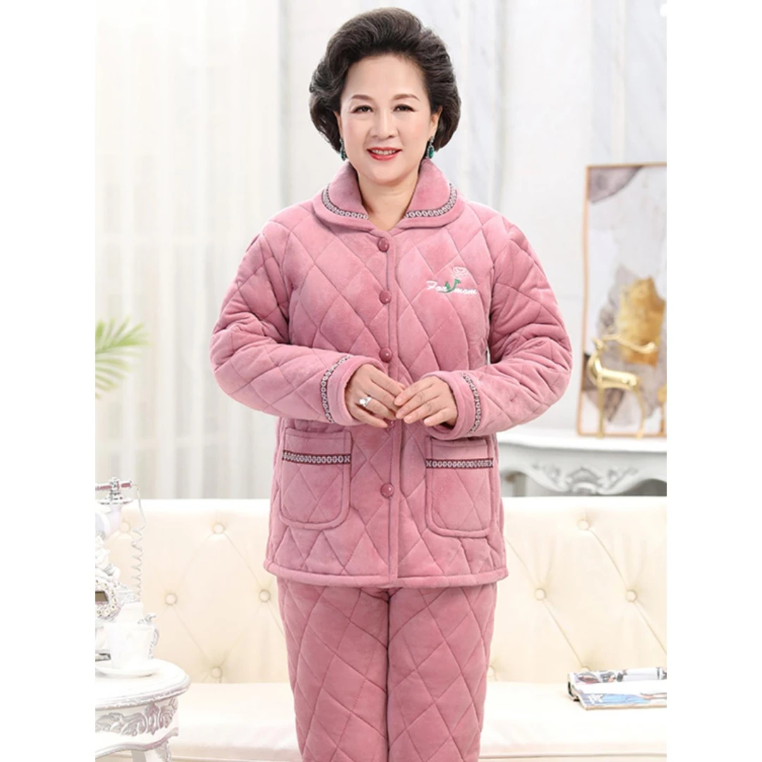 秋冬季珊瑚绒夹睡衣女中老年人中年妈妈三层加厚加外穿睡衣套装