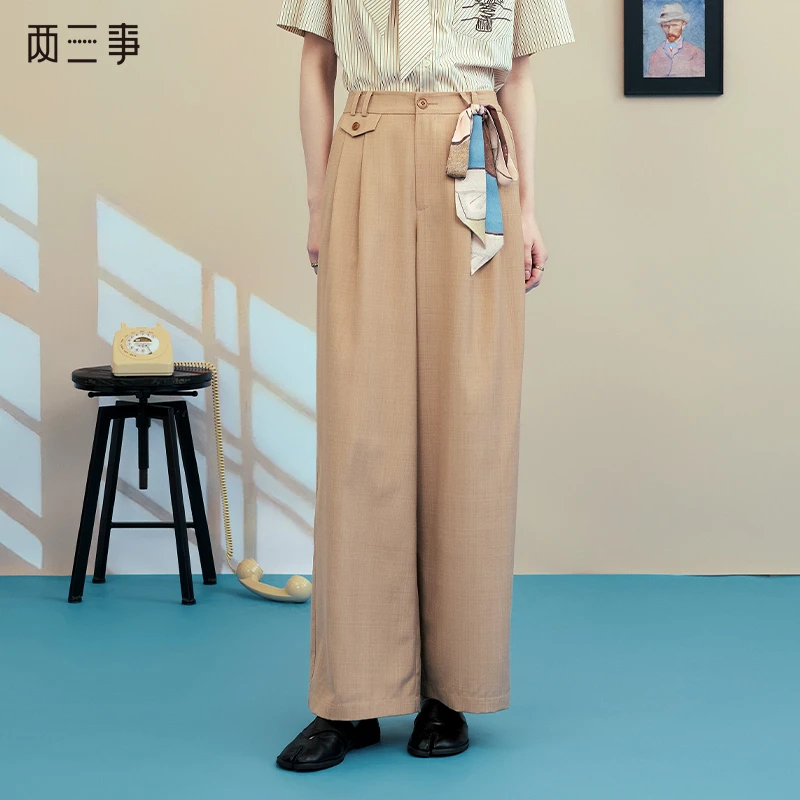 两三事咖啡经纬简约印花丝巾装饰直筒休闲裤