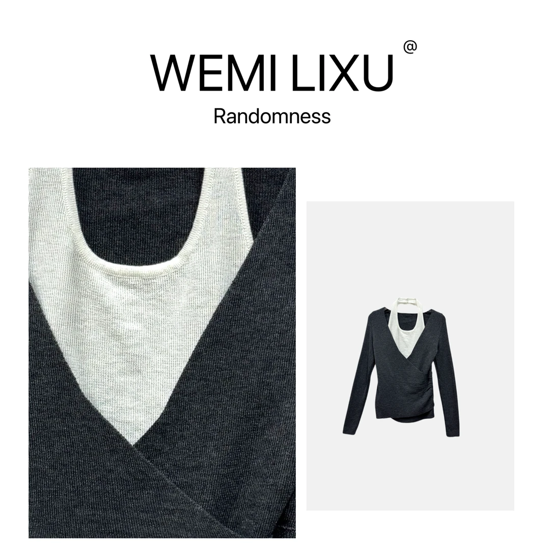 WEMI LIXU“听风“早秋时尚百搭拼色假两件长袖针织衫修身显瘦3137