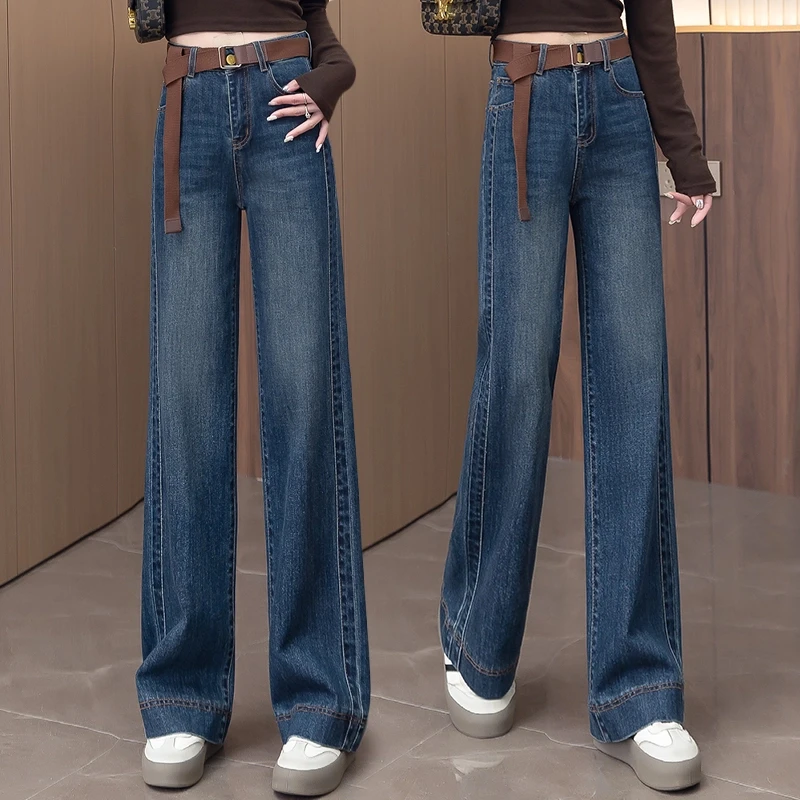 2025年春季新款百搭遮胯加绒宽松显瘦高腰阔腿裤牛仔裤女
