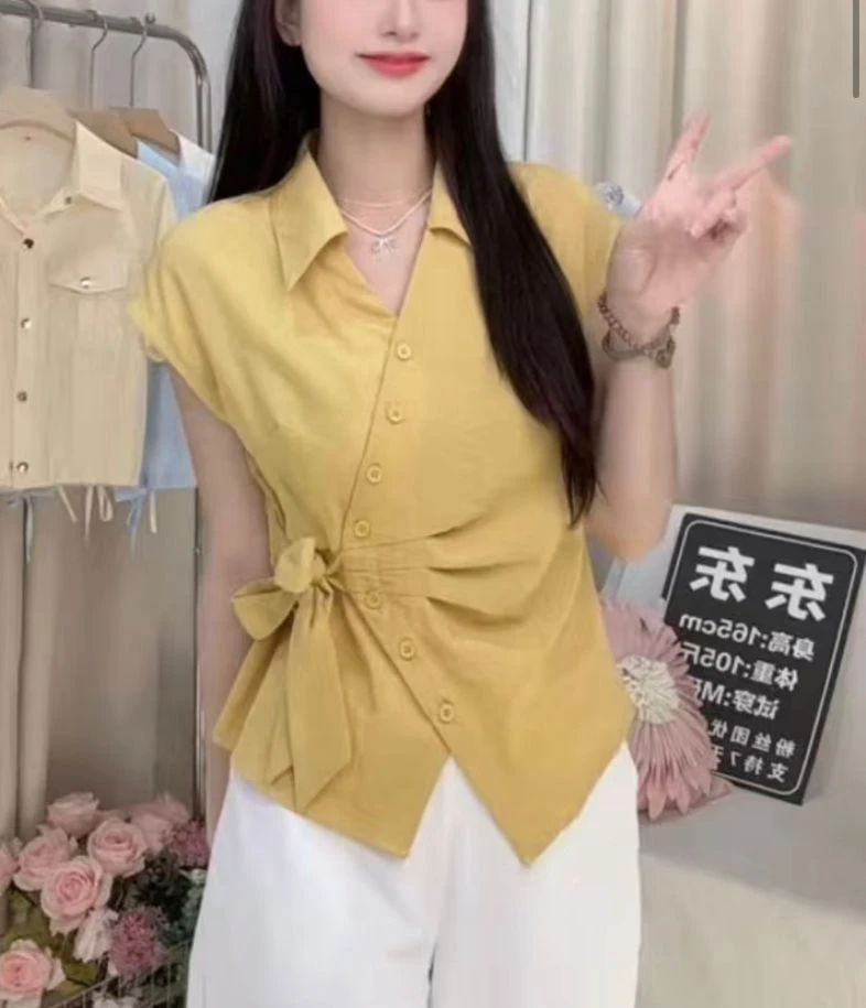 新款时尚百搭气质休闲洋气宽松显瘦v领短袖t恤女士上衣 不对称