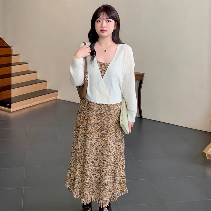 大码女装吊带流苏针织裙胖mm2024秋甜美显瘦吊带长裙22671