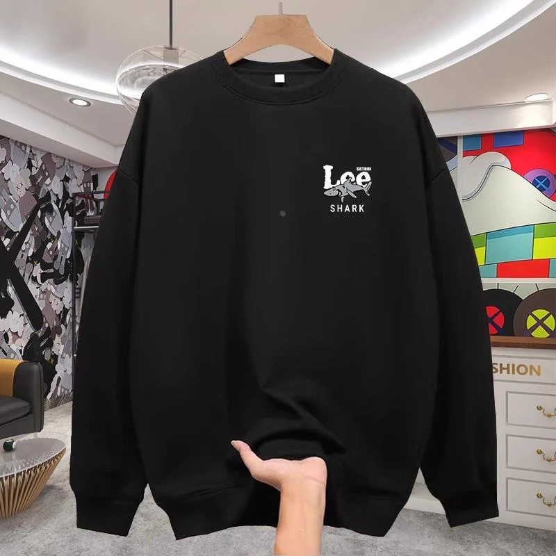 高端休闲加大码秋冬季高中生洋气宽松男加绒印花圆领卫衣保暖上衣