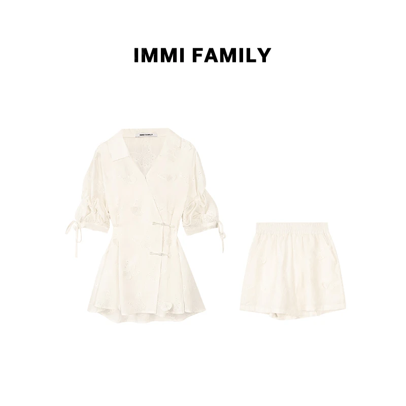 “庄周梦蝶”莫奈春日系列V领白色蝴蝶气质收腰衬衫时尚套装