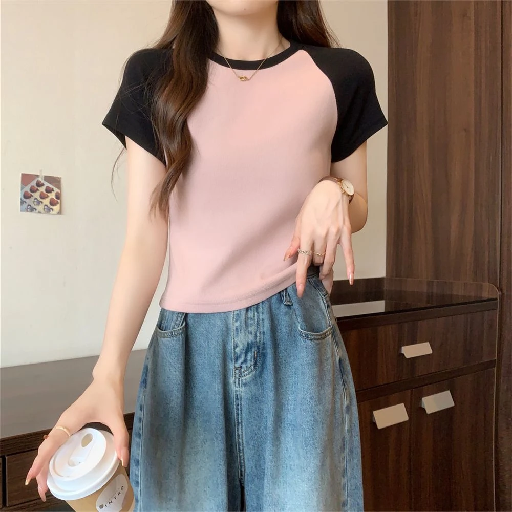 圆领棉质正肩短袖T恤女夏季新款韩版百搭修身显瘦内搭打底上衣ins