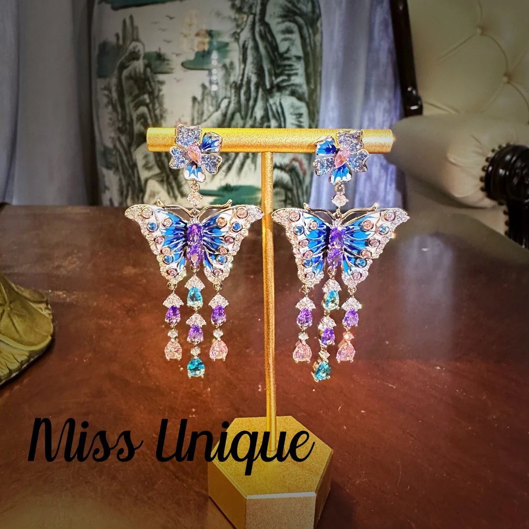 B1456蓝紫色双色珐琅蝴蝶流苏耳环