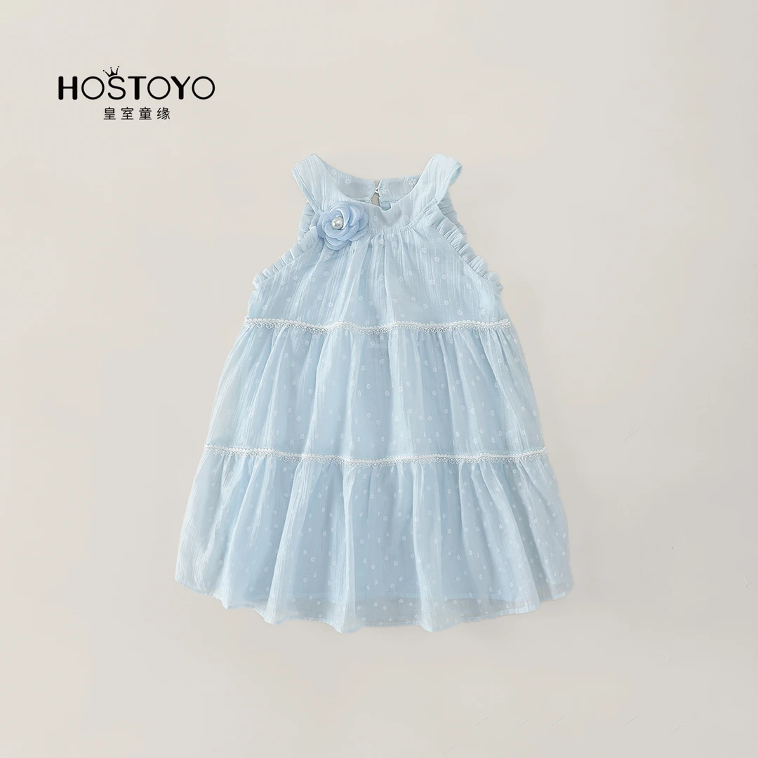 【皇室童缘】2025年夏季山茶花百搭浅蓝挂脖女童连衣裙17630477024