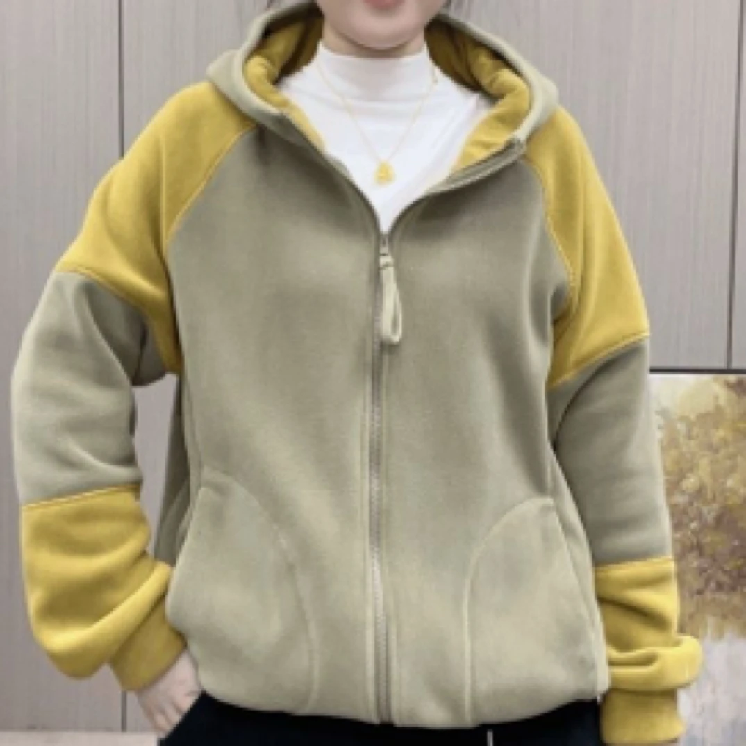 高档新款奥粒绒外套秋冬季休闲加厚保暖开衫上衣撞色连帽卫衣绒衫