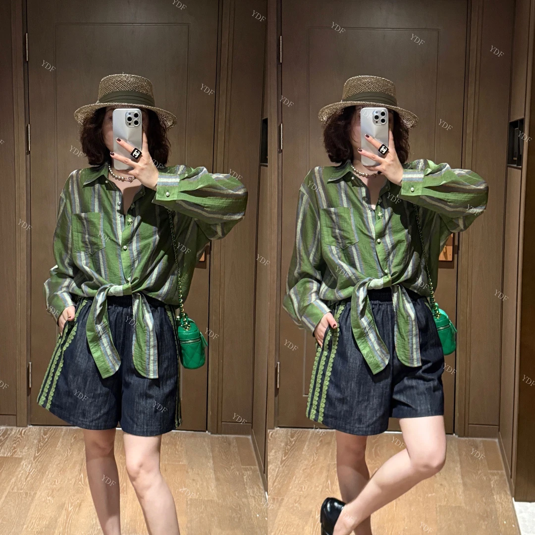 YDFSTUDIO小众【慕斯森林】欧货撞色竖条纹拼接设计上衣+短裤套装