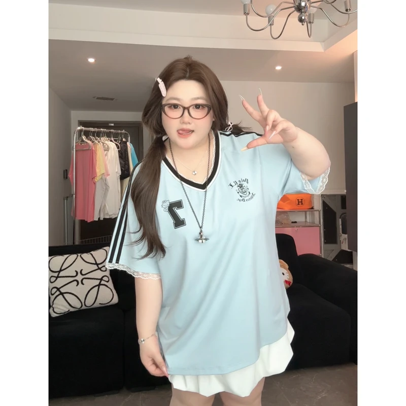 美式复古运动球衣风短袖胖MM夏季宽松V领T恤上衣18-830