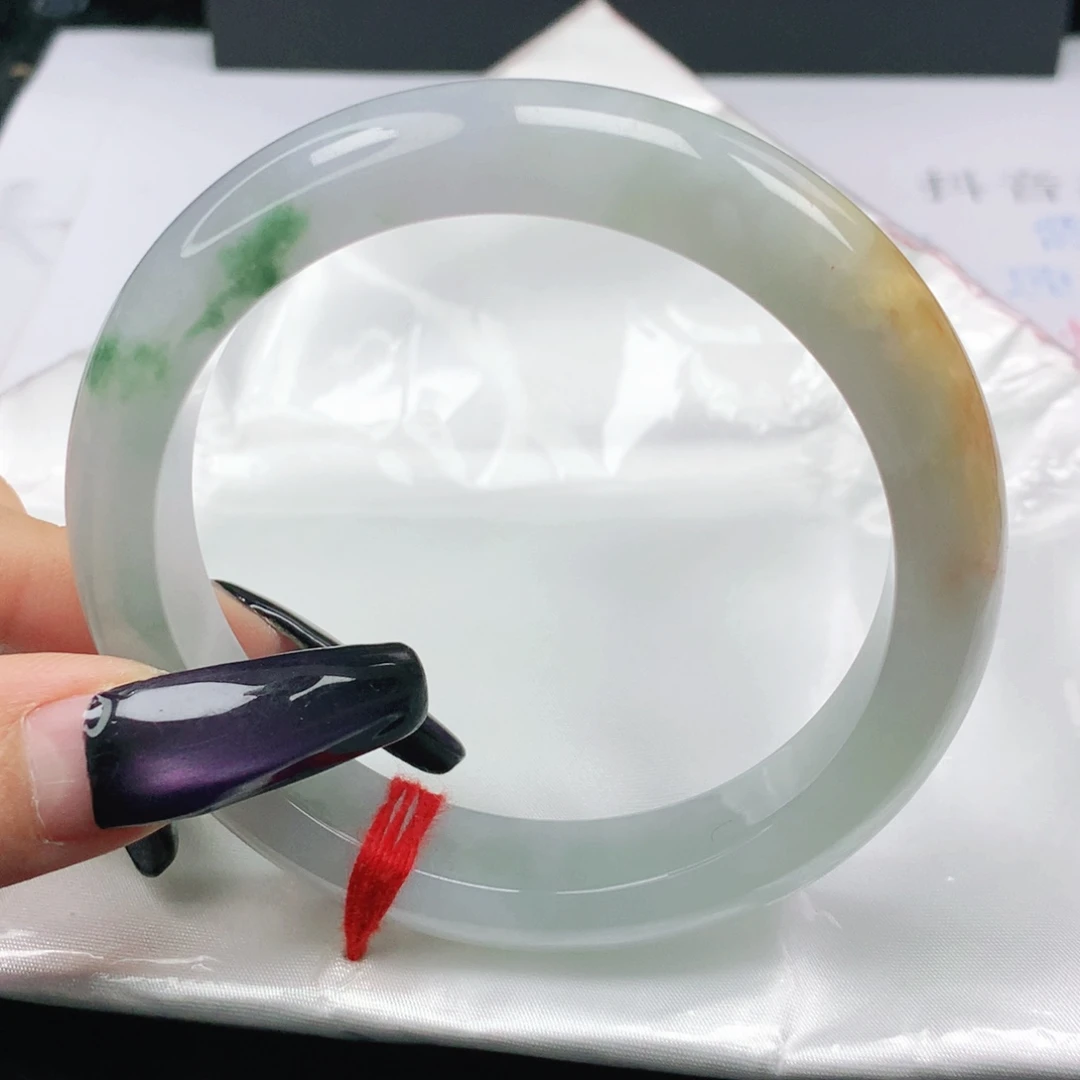 翡翠未镶嵌手镯翡翠59.1冰润黄加绿正圈