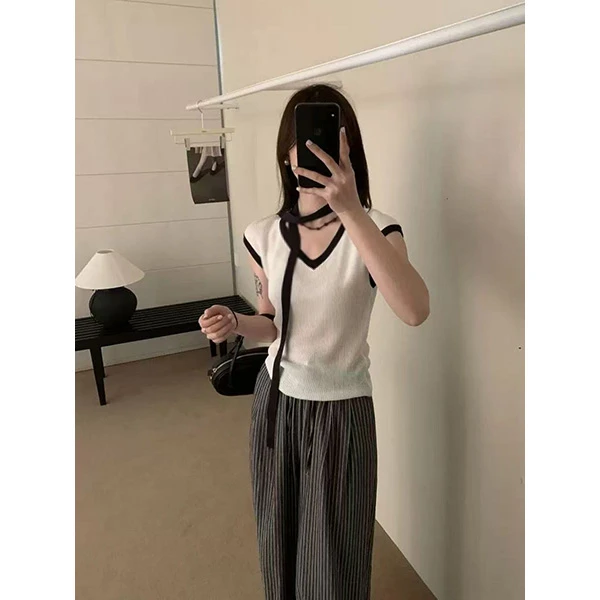胸88-160长53黑白撞色毛针织衫上衣休闲设计感韩版 9198