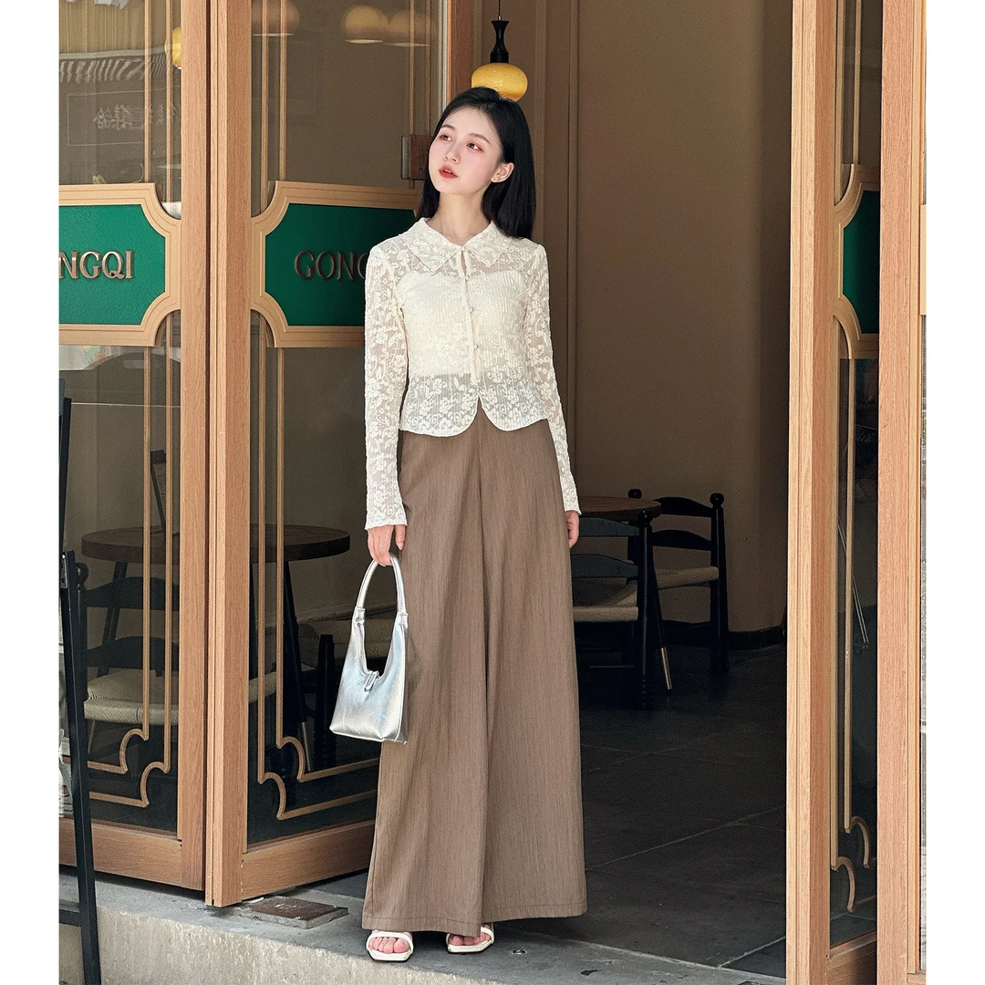 【浪漫小调】小个子定制法式白色蕾丝长袖衬衫蓝色高腰阔腿裤女