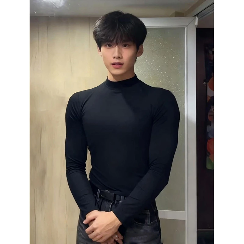 半高领黑色德绒打底衫男秋冬修身显瘦长袖T恤高级感痞帅加绒内搭