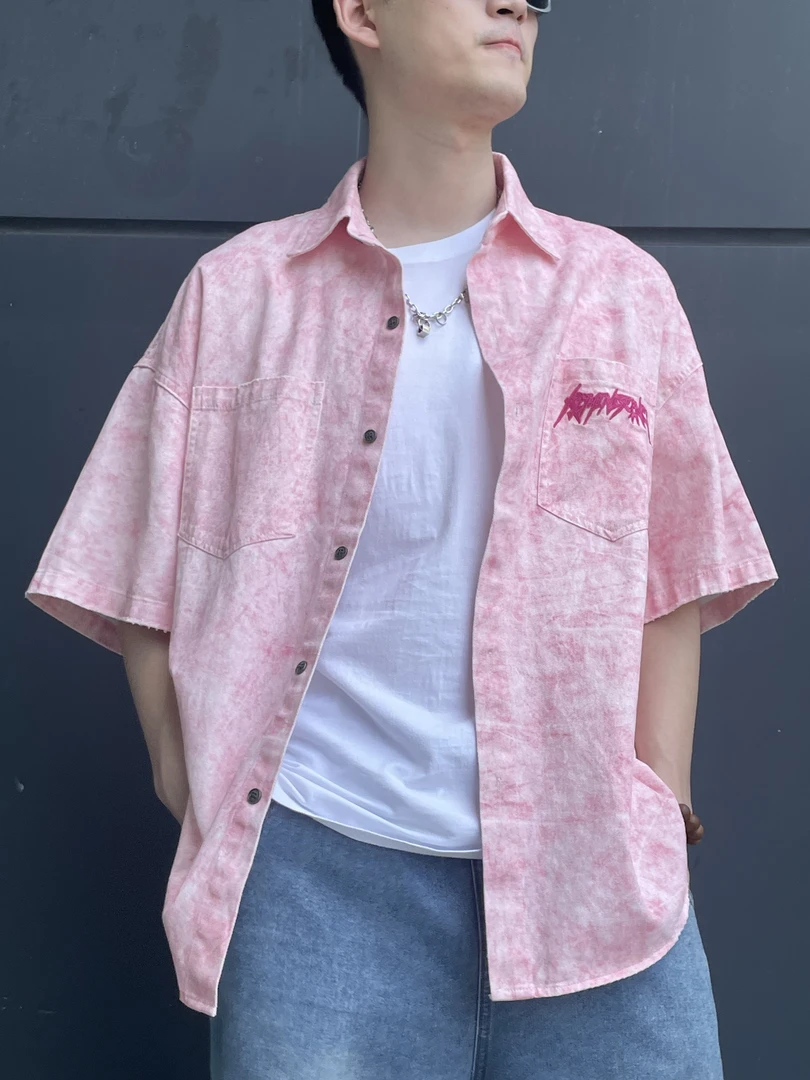男士衬衣原创扎染宽松时尚百搭休闲夏季潮流水洗韩版衬衫短2562