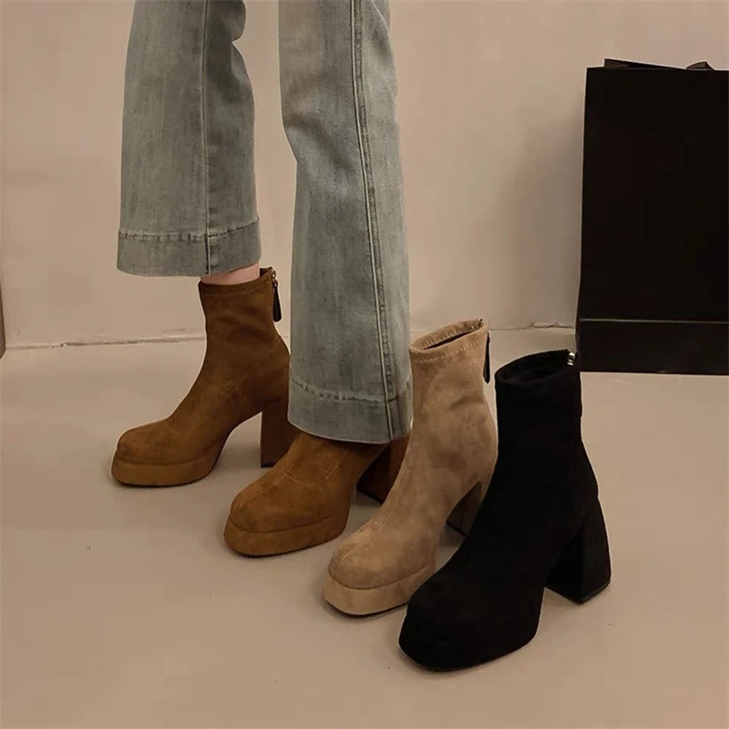 【品牌正品】DR气质绒面高跟鞋短靴女2025新款瘦瘦靴子高级感百搭