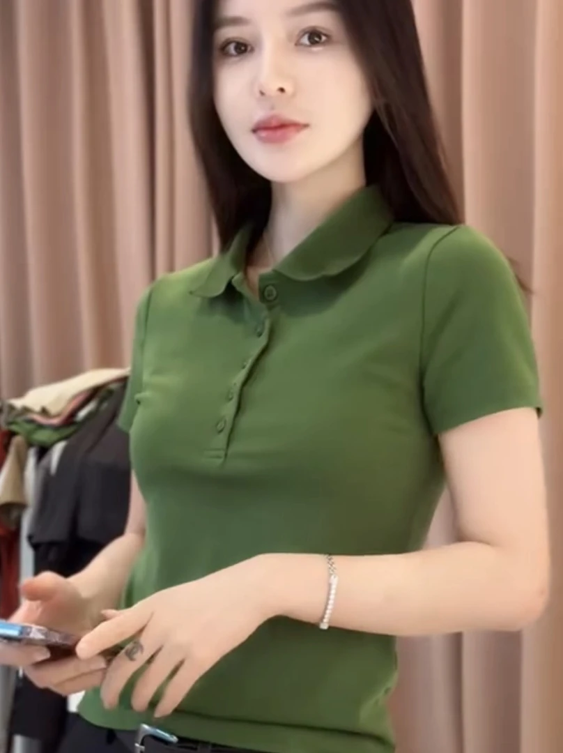 POLO领短袖纯色通勤修身显瘦T恤修身百搭女士休闲简约洋气