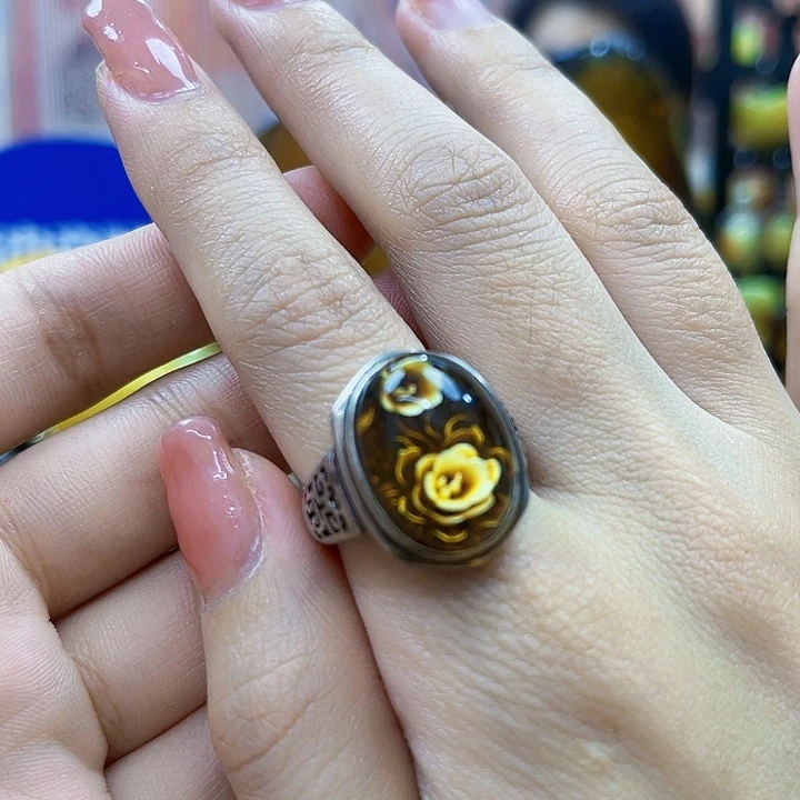 琥珀银S925镶嵌颈饰戒指