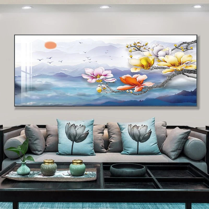 现代轻奢客厅装饰画家和万事兴山水画横版沙发背景墙挂画书房壁画