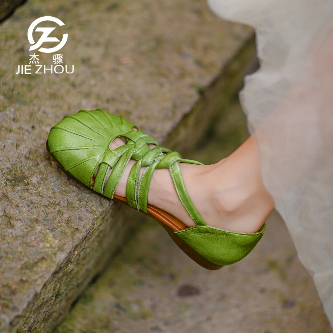 杰骤夏季编织罗马凉鞋女款真皮软底包头凉鞋头层牛皮手工复古女鞋