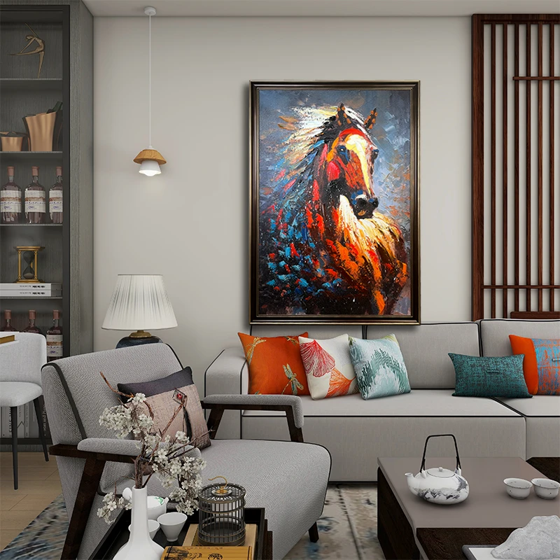 现代手工油画布挂画 实木边框过道客厅沙发背景墙装饰画马100150