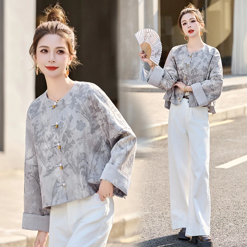 新中式国风提花外套女短款2025春秋新款复古盘扣超好看小个子上衣