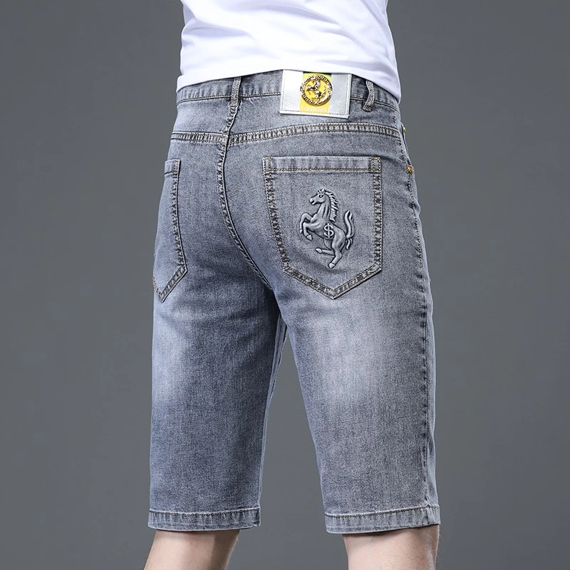 Leekody香港浅灰色牛仔短裤男款夏季弹力直筒潮牌百搭休闲五分裤