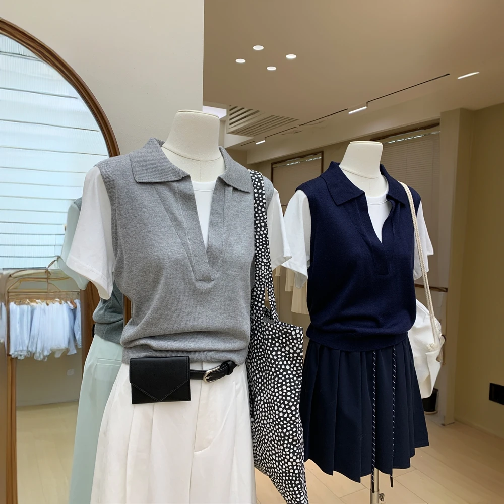 【现货】学院风假两件POLO领针织衫春季短袖收腰显瘦宽松女上衣