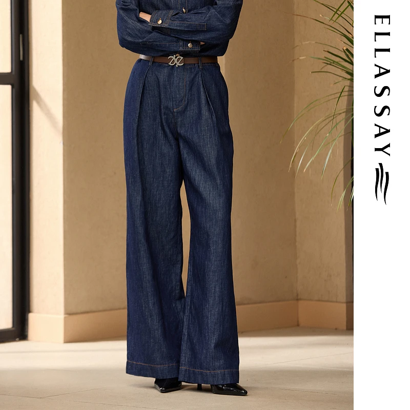 ELLASSAY歌力思2025早秋新款棉腰侧立体褶裥牛仔裤女EWB363N00400