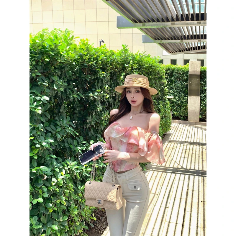 法式气质一字肩抹胸性感上衣女2025夏季新款辣妹鱼骨胸衣雪纺背心