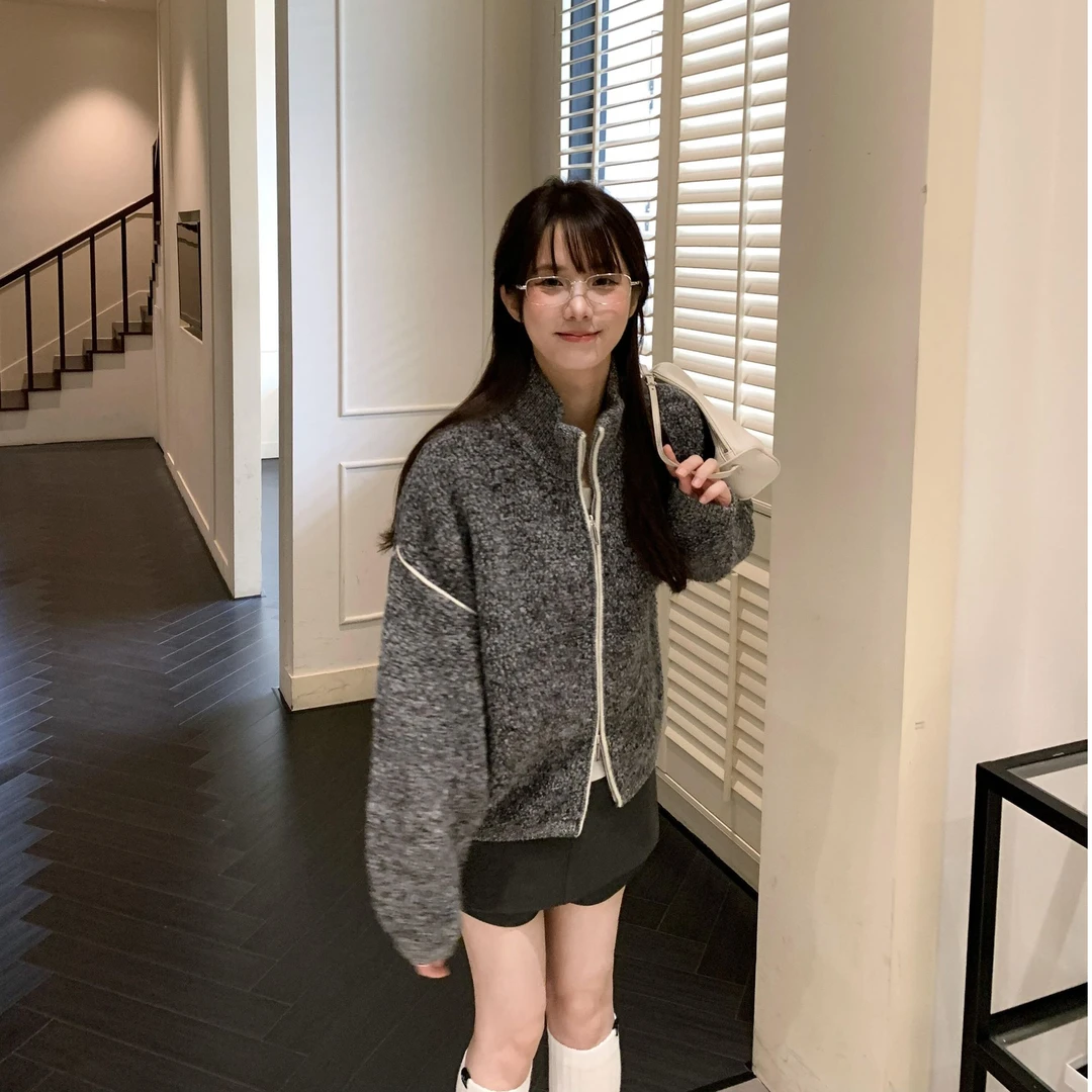 ins休闲双拉链撞色立领毛衣女秋冬新款韩系百搭小众宽松气质裤裙