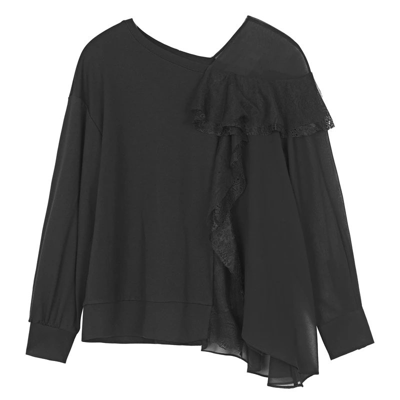 圣迪奥女装时尚V领蕾丝网纱拼接不规则长袖T恤S221Z0229
