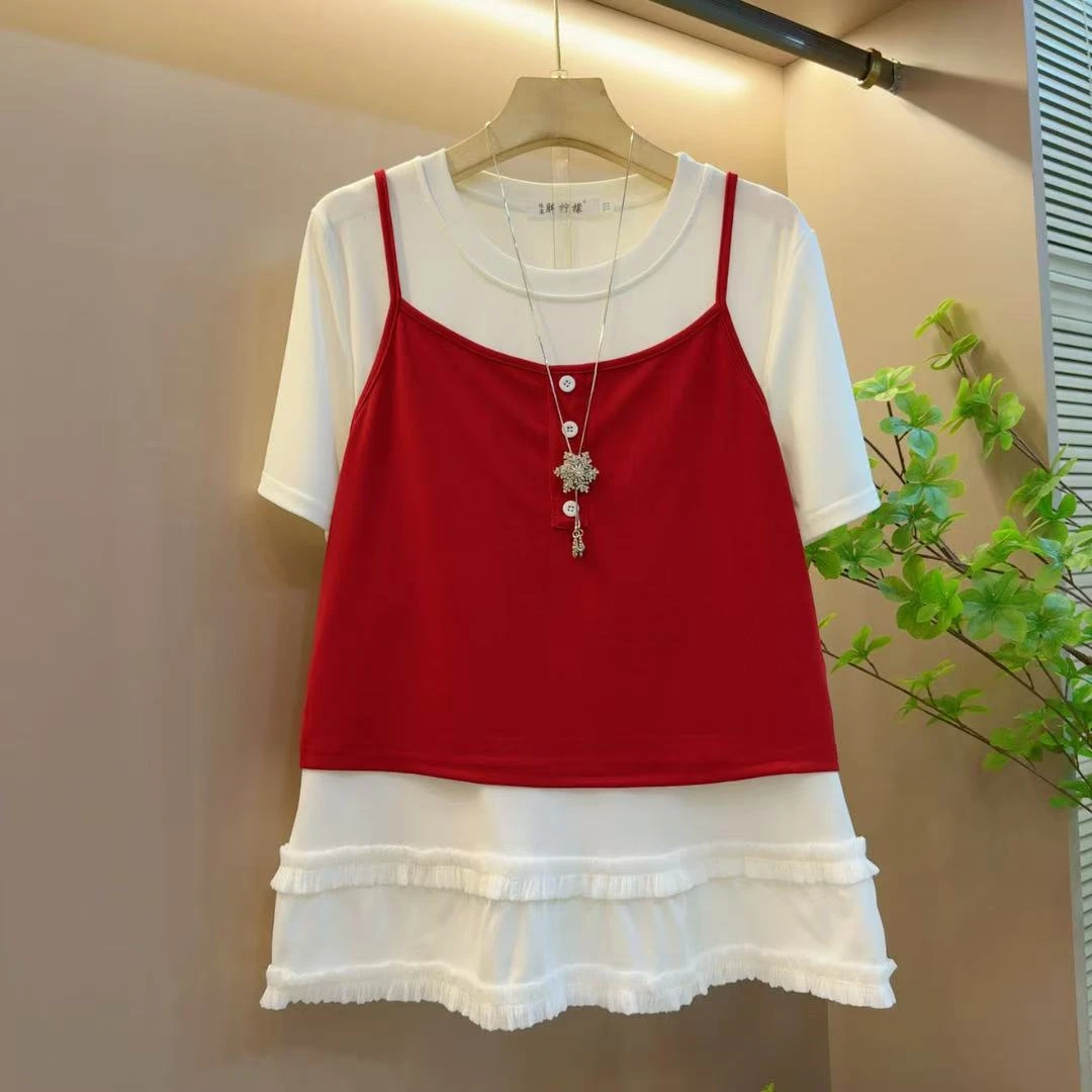 新款韩系圆领拼接花边设计感短袖显瘦上衣吊带两件套