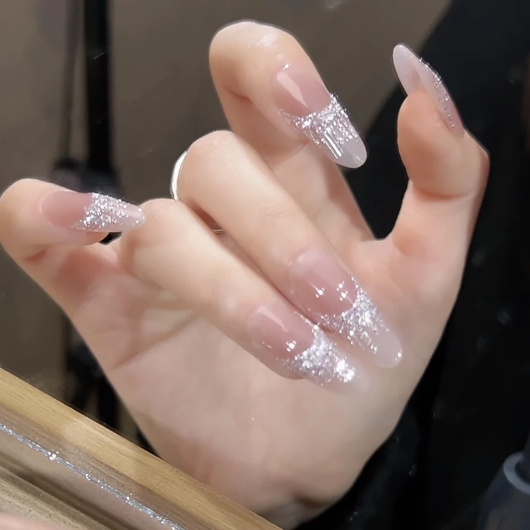 【银河瀑布】鹿鹿家-纯手工穿戴甲裸肤色指尖砂糖粉流苏X