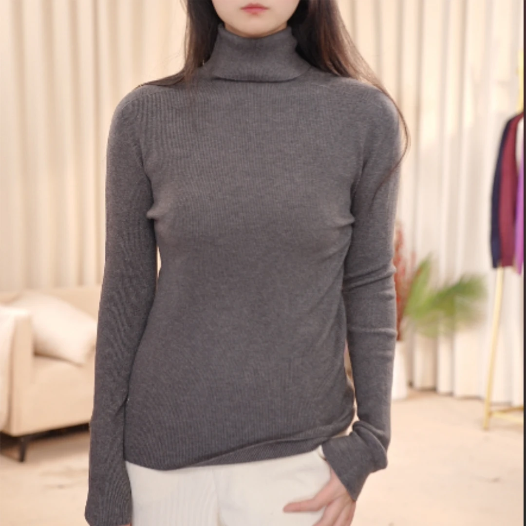 常规款秋季女修身型纯色毛针织衫针织长袖薄款堆堆领33055