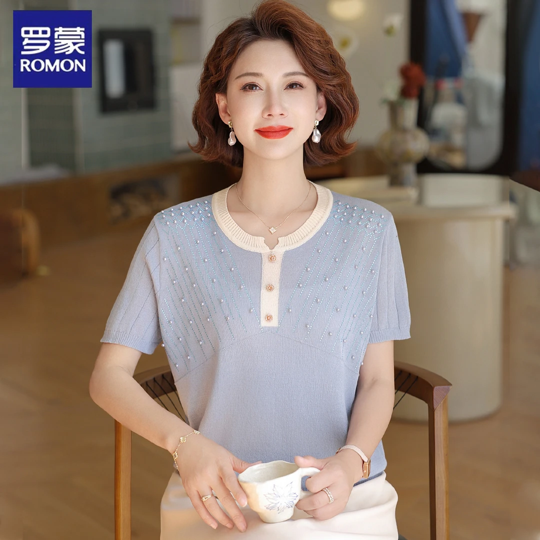 罗蒙妈妈短袖上衣夏中老年人女装夏季短袖圆领小香风冰丝针织小衫