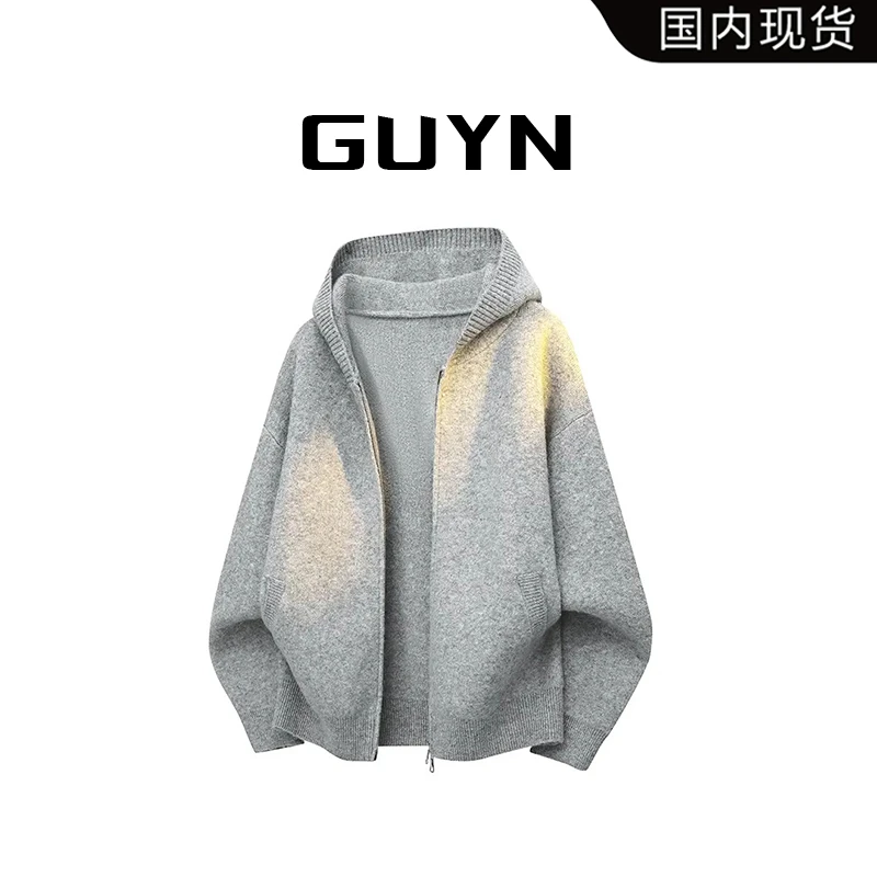 【品牌现货】GUYN春秋季拉链针织衫灰色美式慵懒风毛衣时尚宽松韩版
